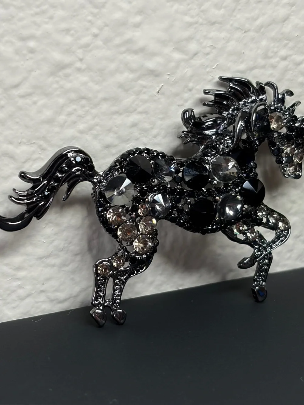 Black Gunmetal Rhinestone Unicorn Brooch/Pendant Crystal Prancing Horse